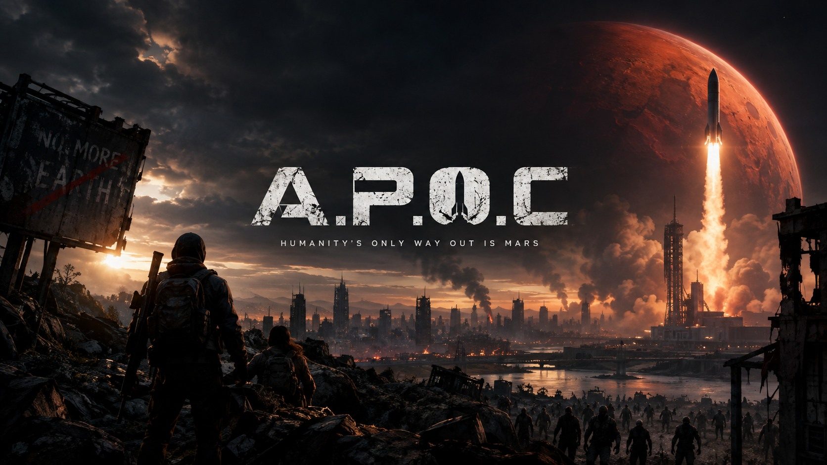 A.P.O.C: survivors on a ridge above burning Los Santos as a rocket lifts off for Mars. Humanity's only way out is Mars.